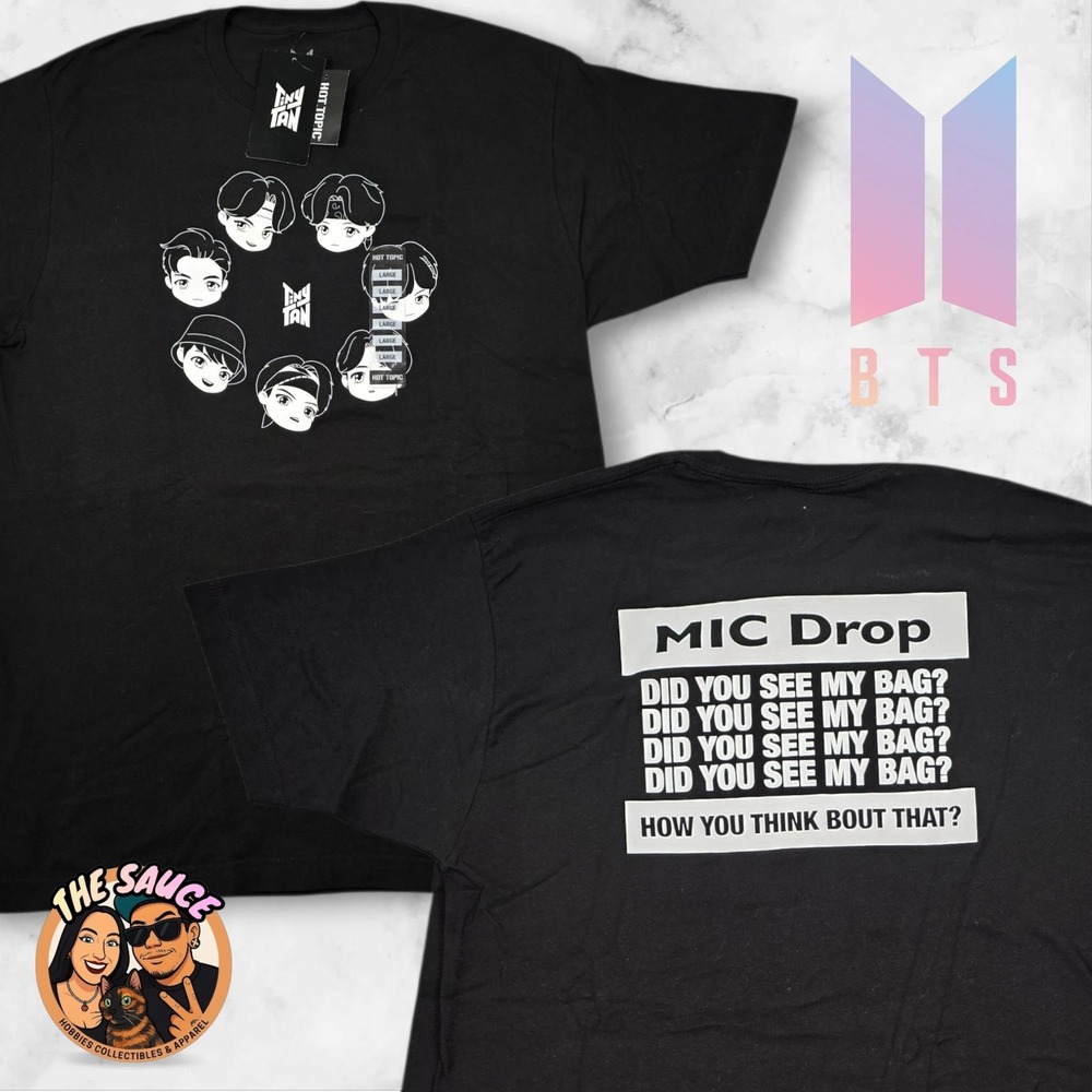 TinyTAN BTS Graphic T-Shirt Mens Large Black Mic Drop Lyrics Hot Topic New K-Pop